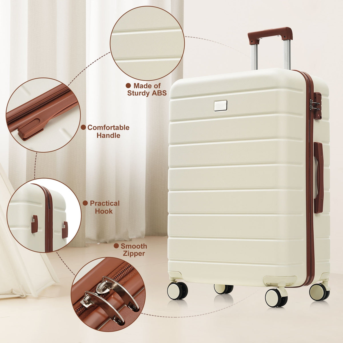 Ivory and Brown Hardside Spinner Suitcase Set with TSA Locks, Four