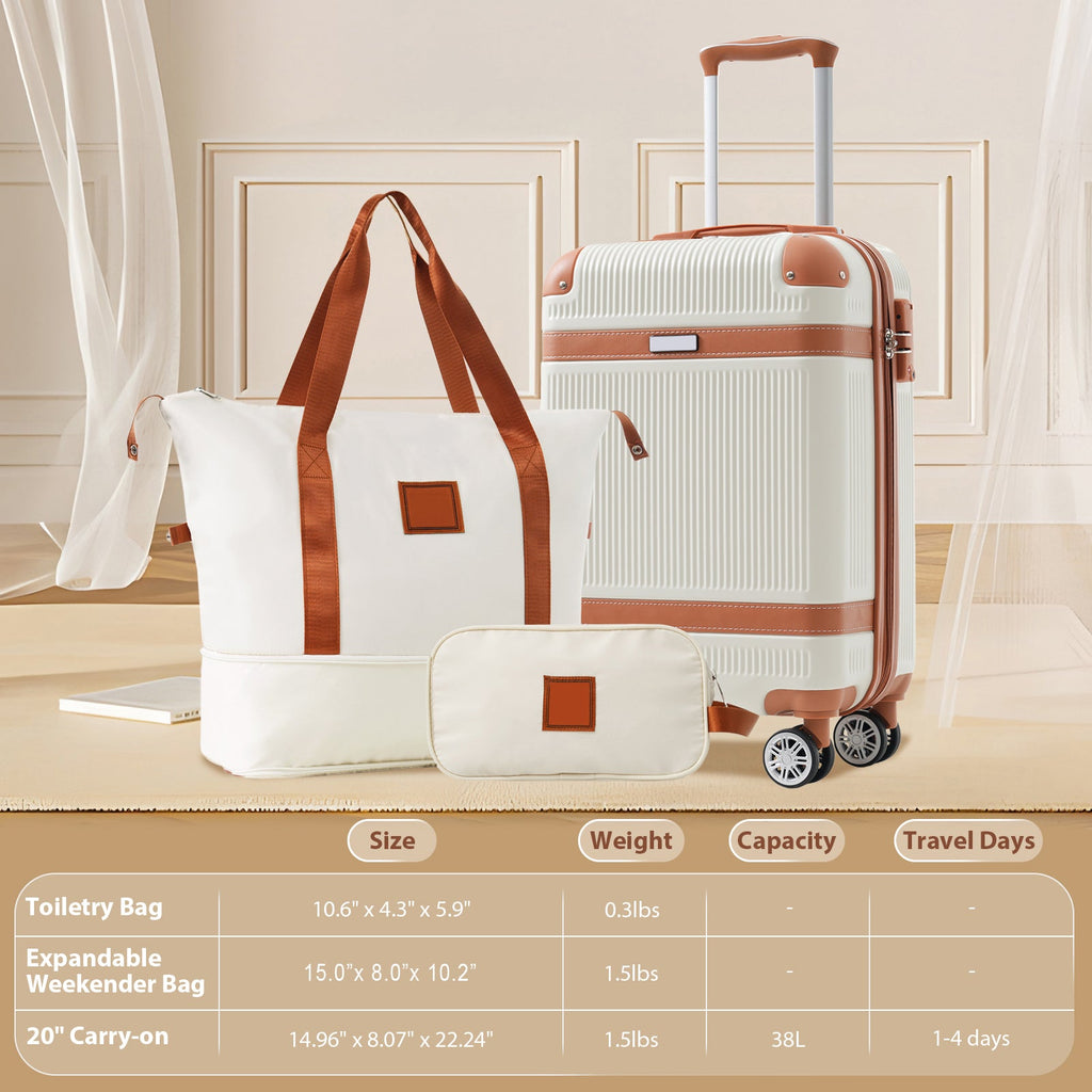 3-Piece 20-Inch ABS Carry-On Luggage Set with Duffel, Toiletry Bag and