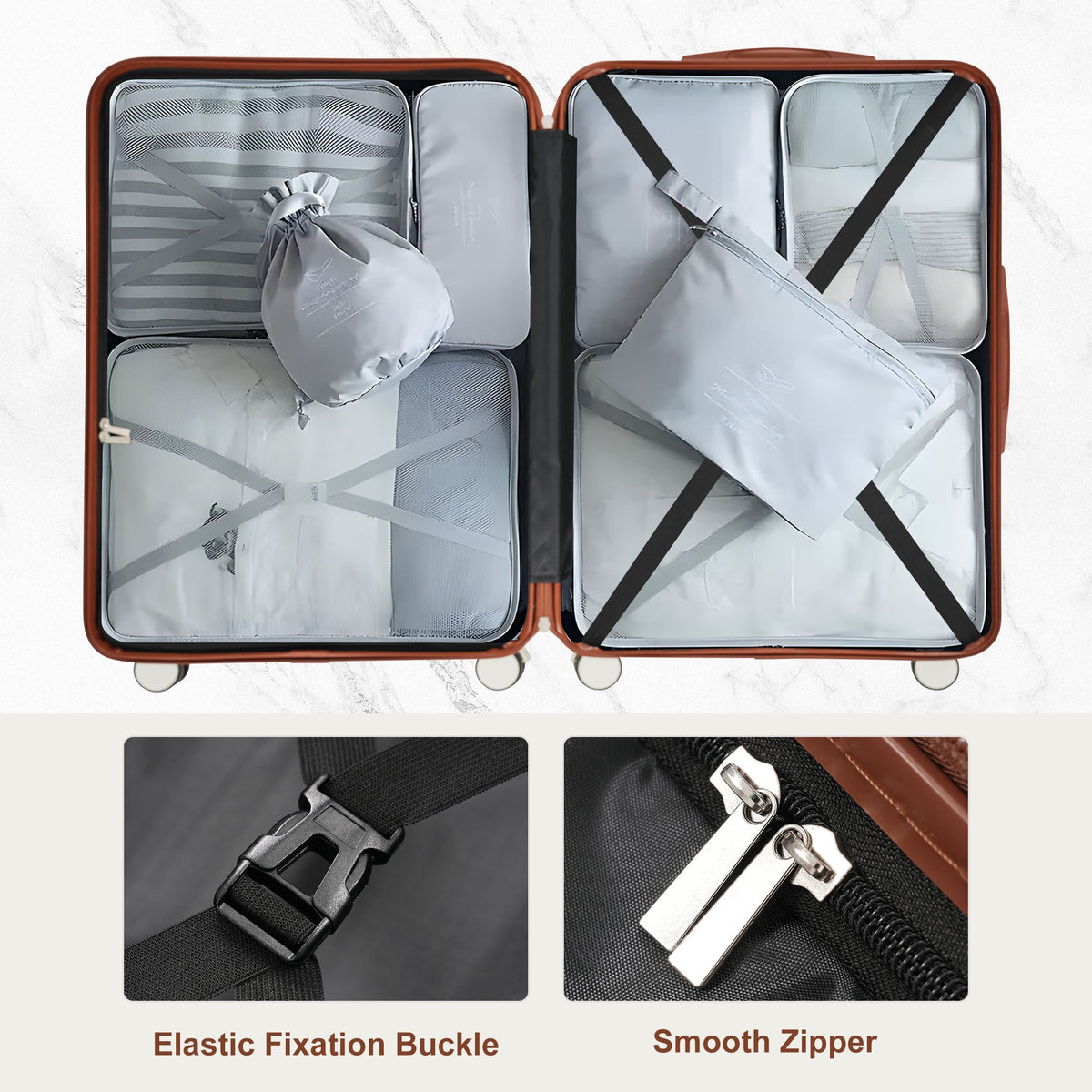 Ivory and Brown Hardside Spinner Suitcase Set with TSA Locks, Four