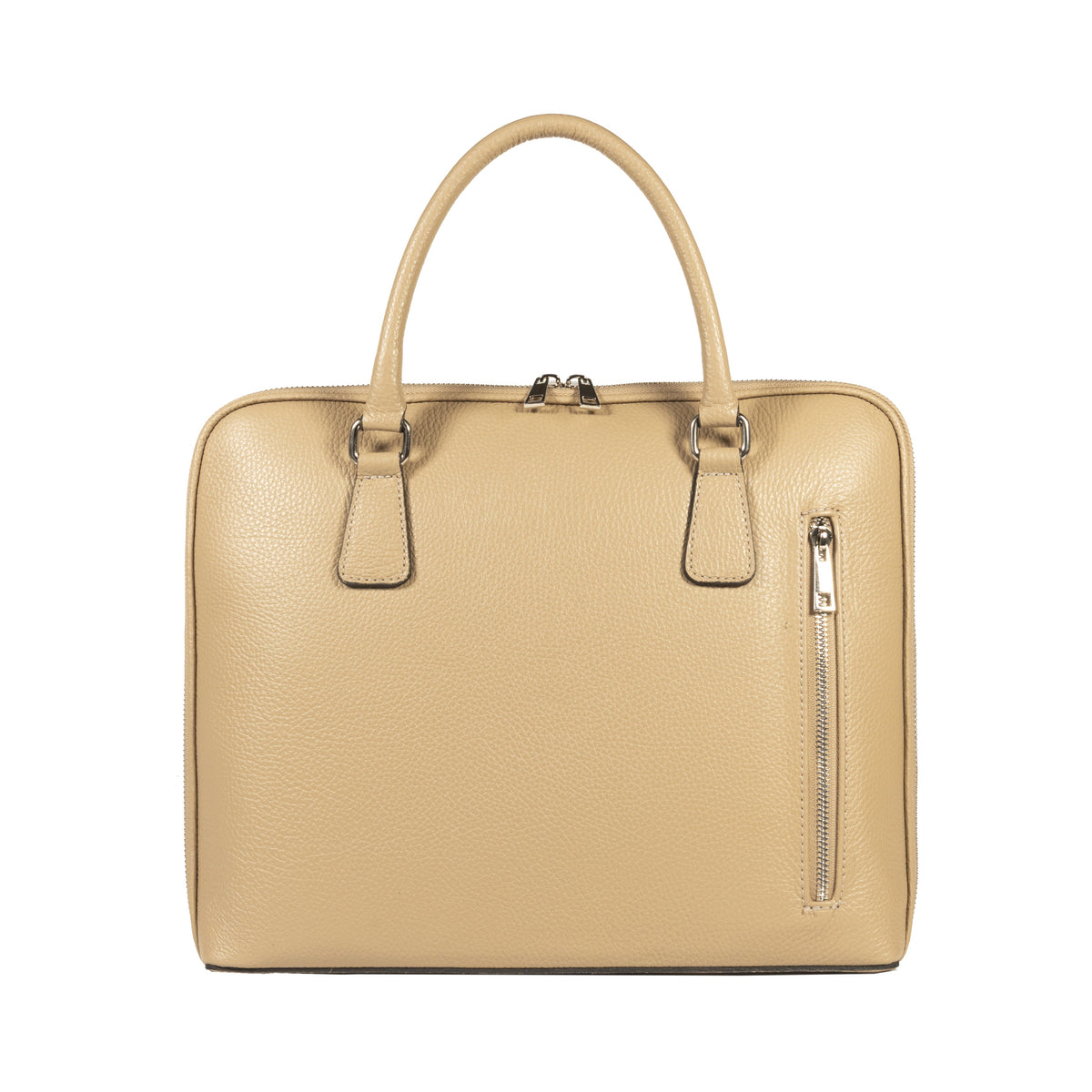 RB1019AQ | Made in Italy Genuine Leather Unisex Business Briefcase with removable shoulder strap. Polished Nickel metal snap hook attachments - Taupe color - Dimensions: cm 37 x 29 x 6.5