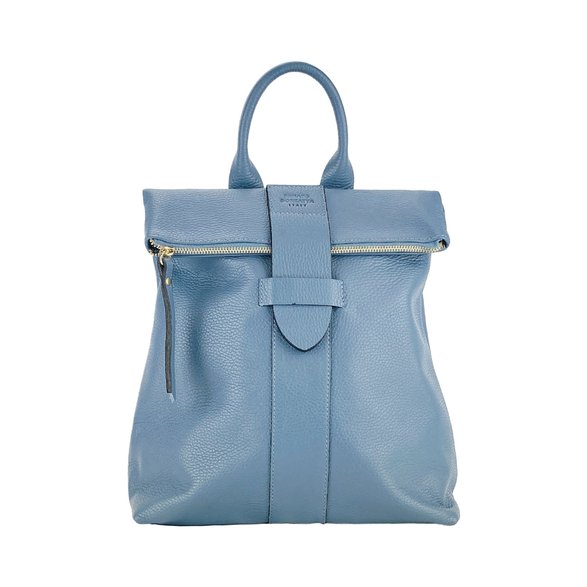 RB1021P | Women's Soft Backpack in Genuine Leather Made in Italy with Adjustable Shoulder Straps. Shiny Gold Metal Zipper and Accessories - Avio Color - Dimensions: 30 x 34 x 10.5 cm.