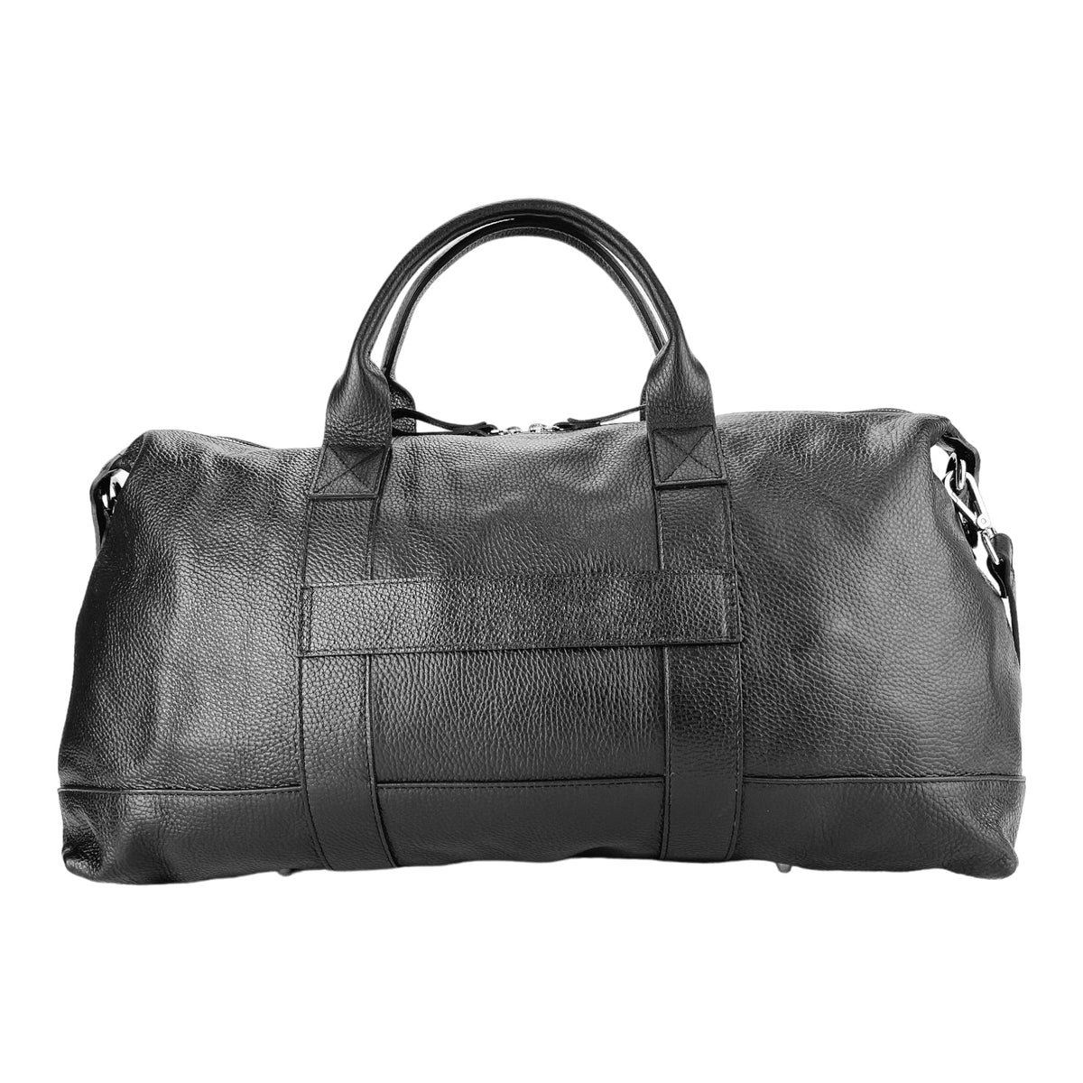 RB1029A | Made in Italy Genuine Leather Travel Bag with Adjustable and Removable Shoulder Strap. Zipper Closure and Shiny Nickel Metal Accessories - Black Color - Dimensions: 57 x 26 x 24 cm.