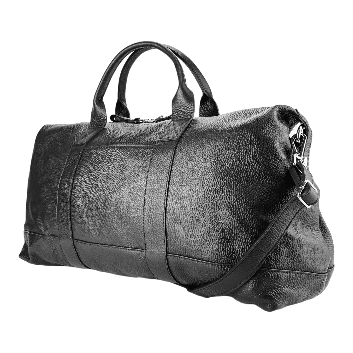 RB1029A | Made in Italy Genuine Leather Travel Bag with Adjustable and Removable Shoulder Strap. Zipper Closure and Shiny Nickel Metal Accessories - Black Color - Dimensions: 57 x 26 x 24 cm.