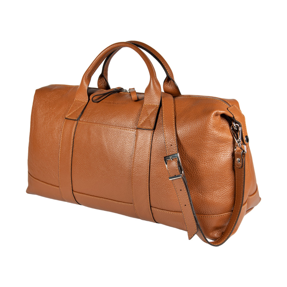RB1029S | Made in Italy Genuine Leather Travel Duffle Bag with Adjustable and Removable Shoulder Strap. Zipper Closure and Shiny Nickel Metal Accessories - Cognac Color - Dimensions: cm 57 x 26 x 24