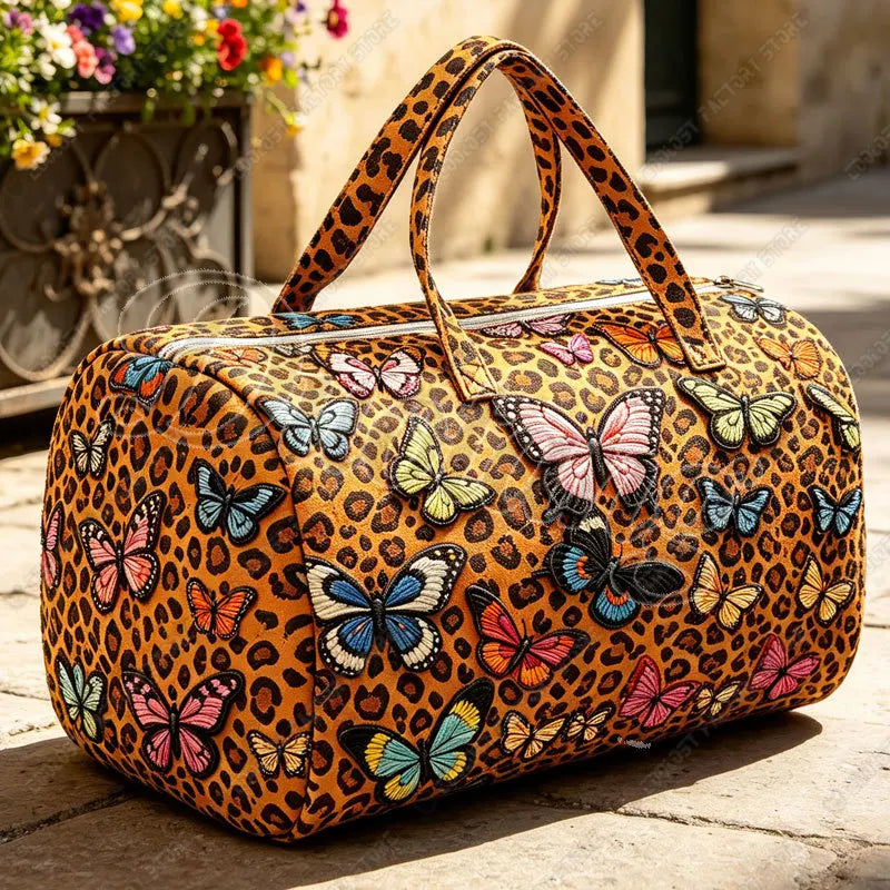 Leopard and Butterfly Handbag for Travel 2D Flat Quilted Women Large