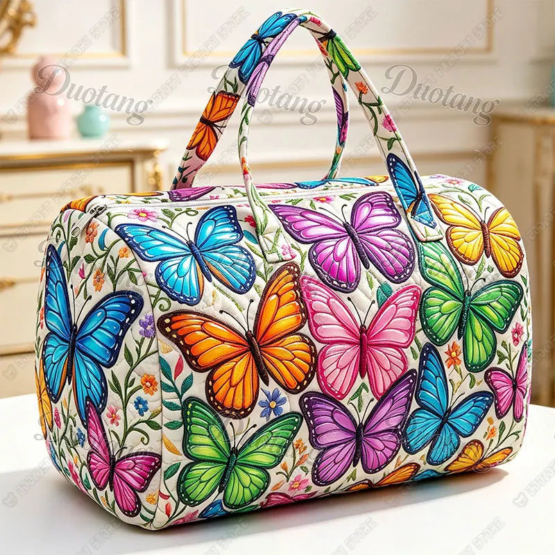 2D Flat Quilted Colorful Floral Butterfly Pattern Handbag for Travel