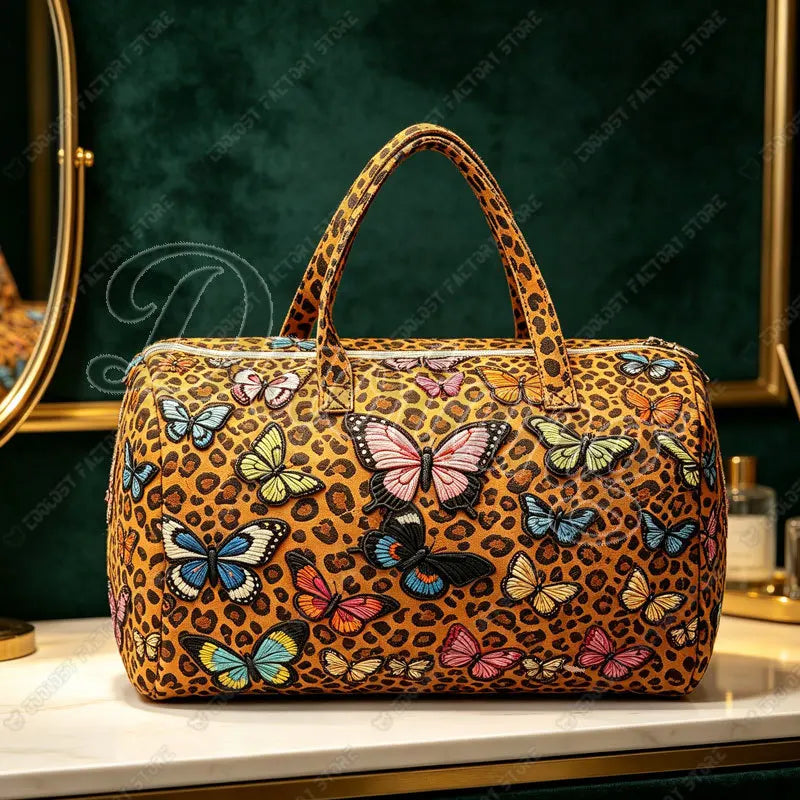 Leopard and Butterfly Handbag for Travel 2D Flat Quilted Women Large