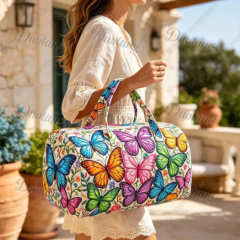 2D Flat Quilted Colorful Floral Butterfly Pattern Handbag for Travel