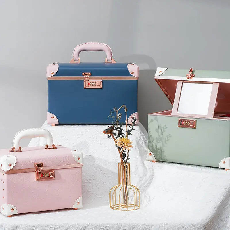New Trendy Vintage Makeup Case Popular Password Lock Handbag Large