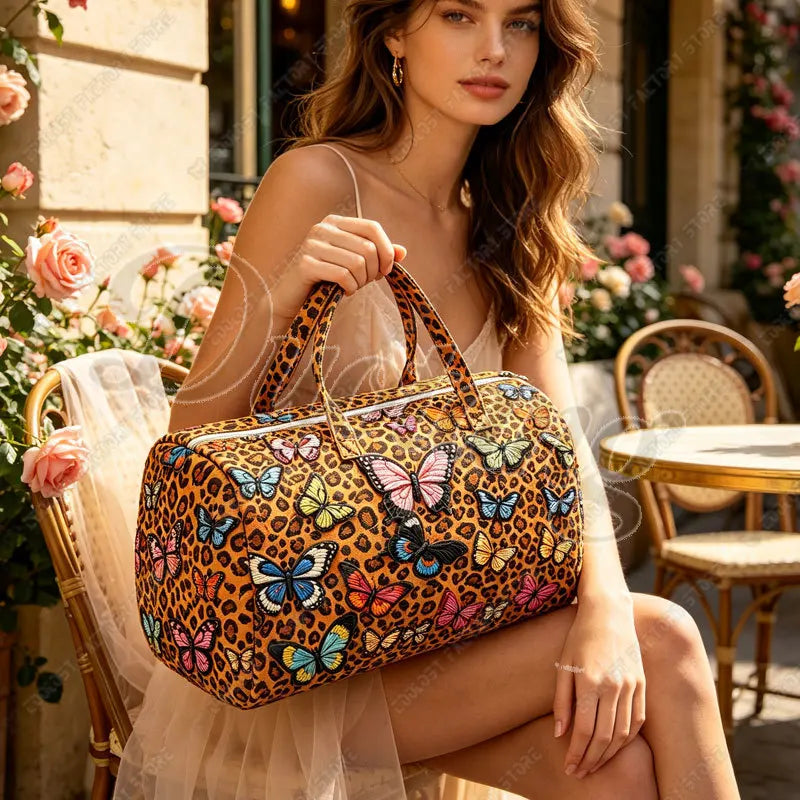 Leopard and Butterfly Handbag for Travel 2D Flat Quilted Women Large