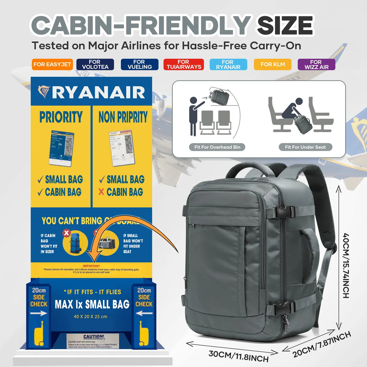 Ryanair Cabin Bags 40x30x20 Underseat Travel Backpack,  Cabin Fly