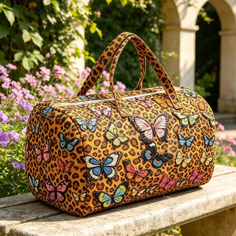 Leopard and Butterfly Handbag for Travel 2D Flat Quilted Women Large