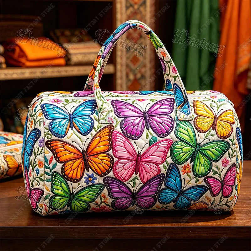 2D Flat Quilted Colorful Floral Butterfly Pattern Handbag for Travel