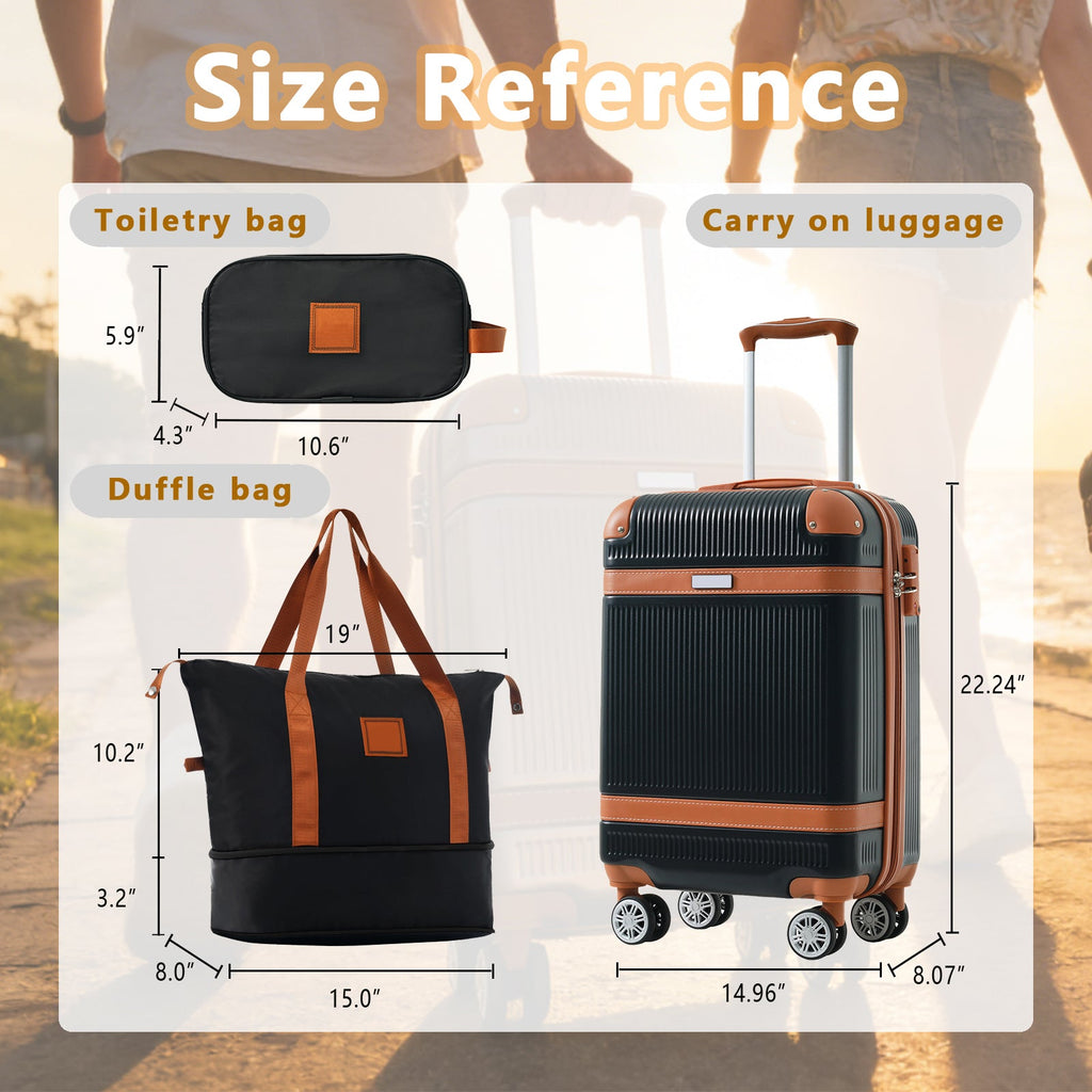3-Piece 20-Inch ABS Carry-On Luggage Set with Duffel, Toiletry Bag and